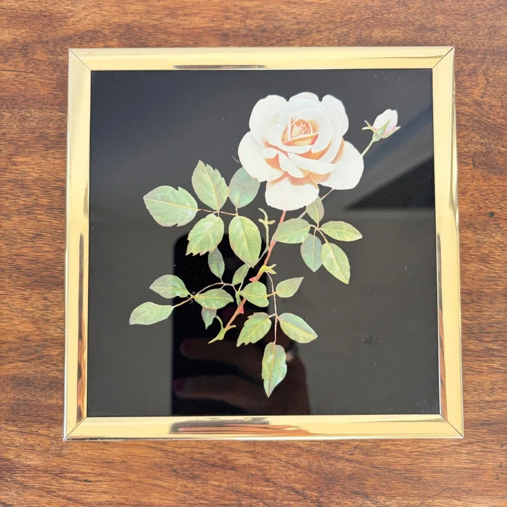 Vintage 1985 Kafka Industries metallic Foil Art White Rose Framed Art 6.25in